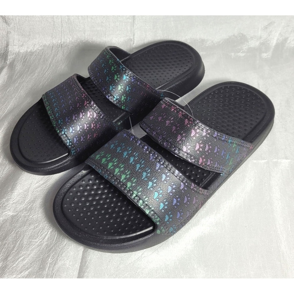 Animal Rescue Site Rainbow Paw Print Slide Sandals - Sz 6 - Black
